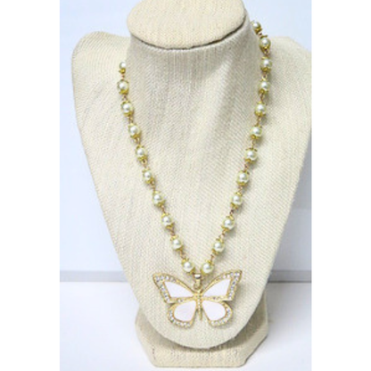 Pearl Butterfly Necklace 18" White Pendant Gold Wire Toggle