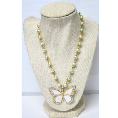 Pearl Butterfly Necklace 18" White Pendant Gold Wire Toggle