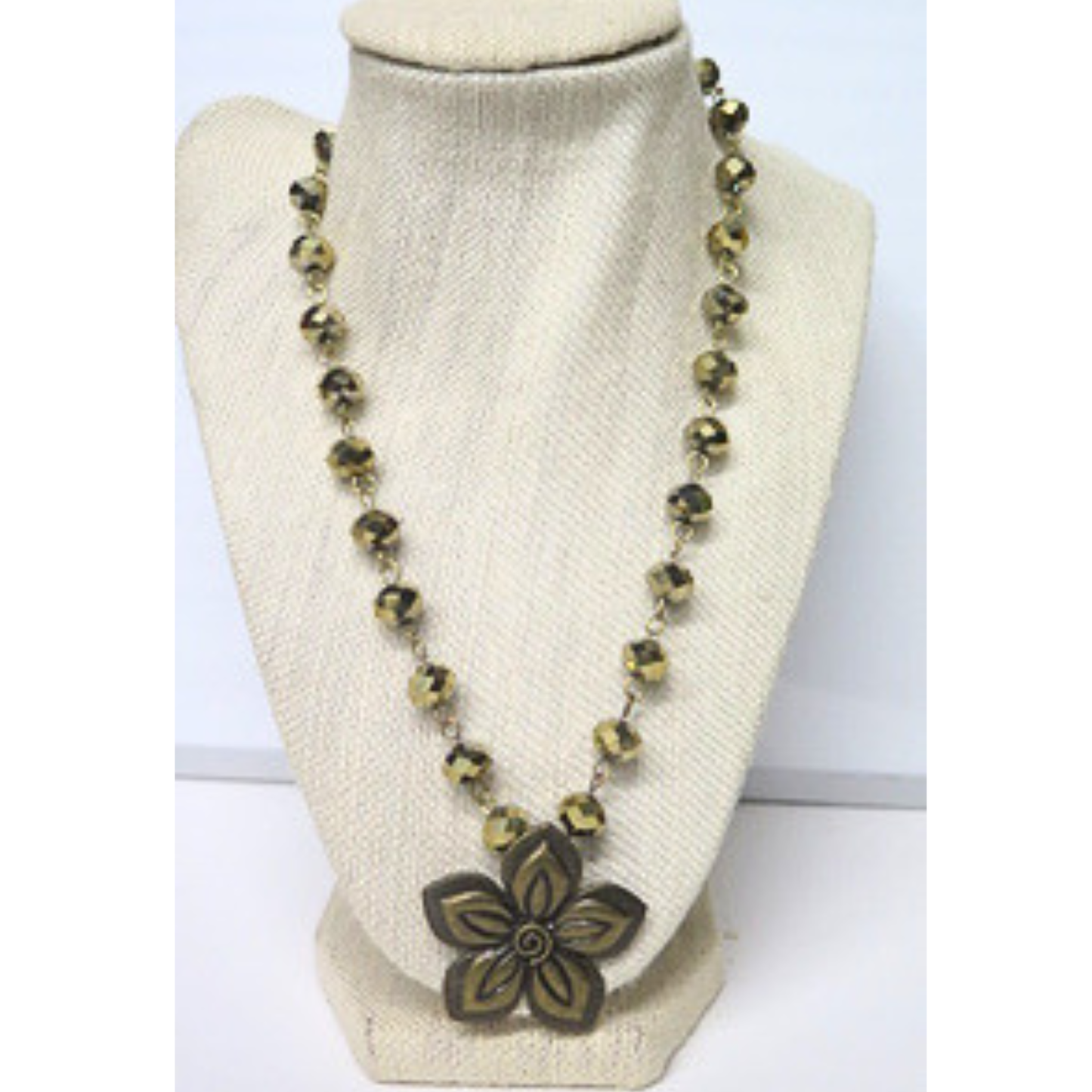 Gold Bead Flower Necklace 17" Bronze Pendant Boho Statement