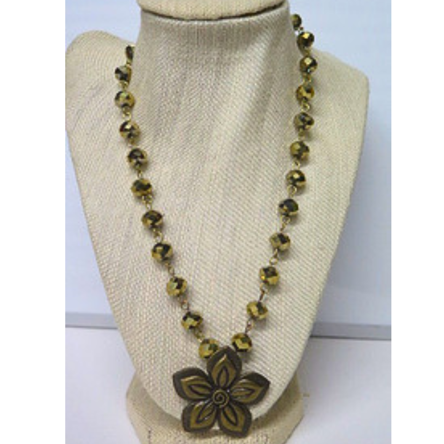 Gold Bead Flower Necklace 17" Bronze Pendant Boho Statement