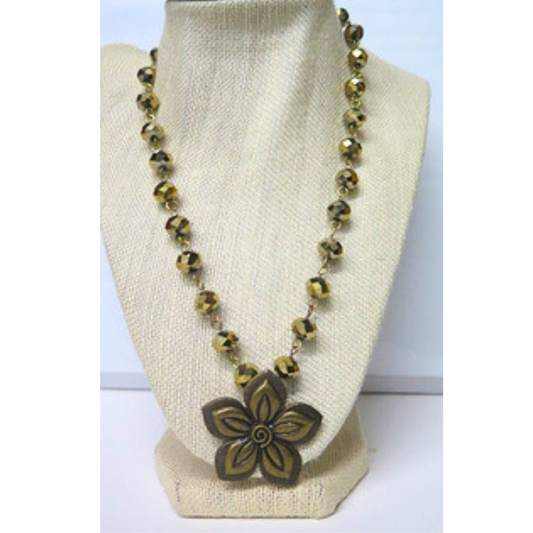 Gold Bead Flower Necklace 17" Bronze Pendant Boho Statement
