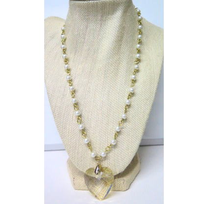 Pearl Necklace Clear Crystal Heart Pendant 21" Bridal Gift