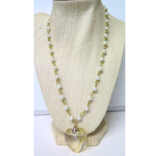 Pearl Necklace Clear Crystal Heart Pendant 21" Bridal Gift