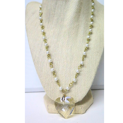 Pearl Necklace Clear Crystal Heart Pendant 21" Bridal Gift