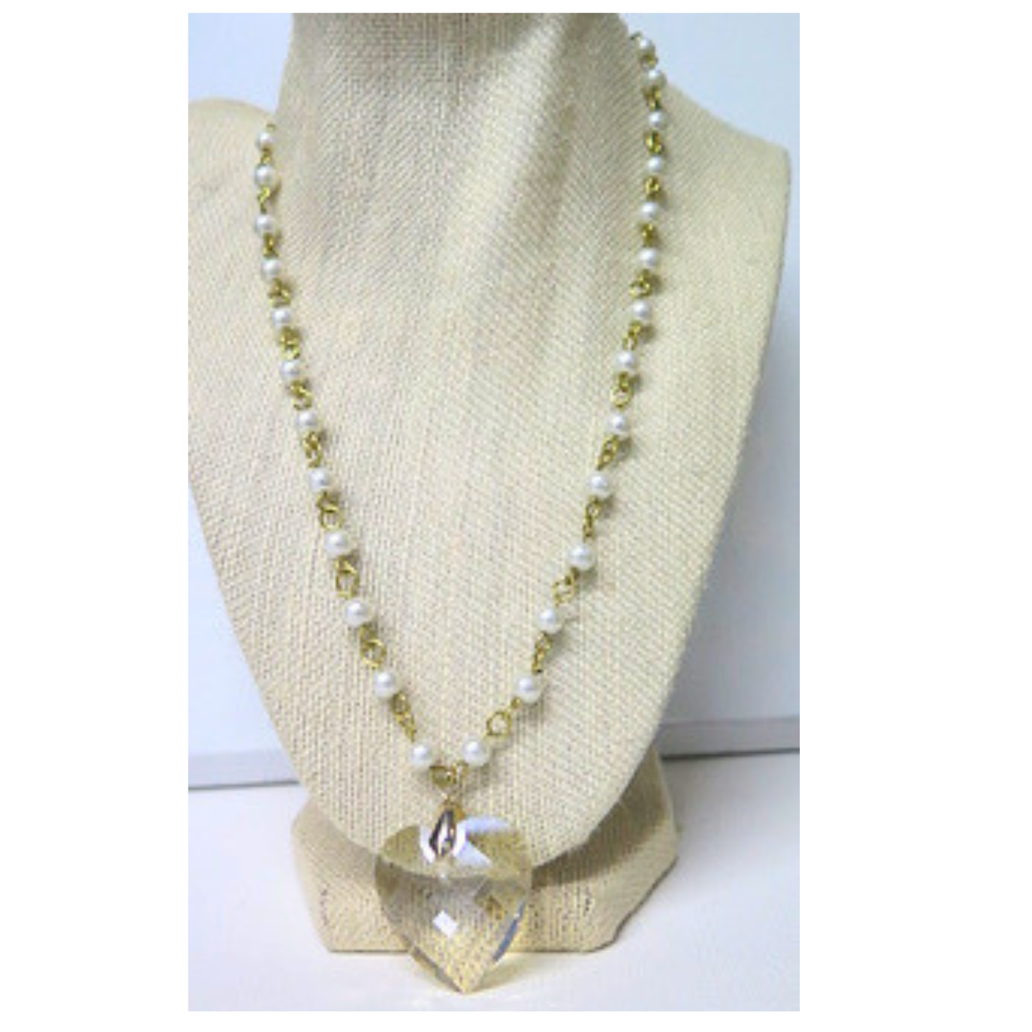 Pearl Necklace Clear Crystal Heart Pendant 21" Bridal Gift