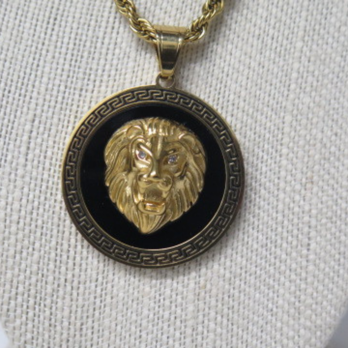Gold Lion Head Pendant Necklace | Bold Statement Medallion with Greek Key Border | 18 Inch Rope Chain | Unisex Zodiac Leo Jewelry Gift
