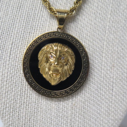 Gold Lion Head Pendant Necklace | Bold Statement Medallion with Greek Key Border | 18 Inch Rope Chain | Unisex Zodiac Leo Jewelry Gift