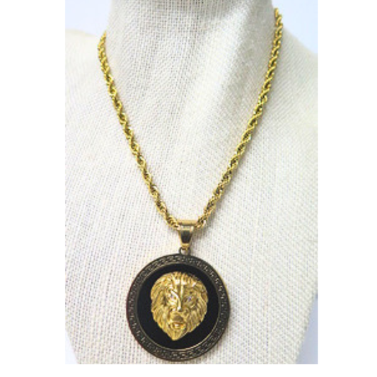 Gold Lion Head Pendant Necklace | Bold Statement Medallion with Greek Key Border | 18 Inch Rope Chain | Unisex Zodiac Leo Jewelry Gift