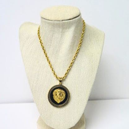 Gold Lion Head Pendant Necklace | Bold Statement Medallion with Greek Key Border | 18 Inch Rope Chain | Unisex Zodiac Leo Jewelry Gift