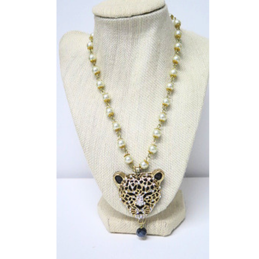 Bold Leopard Pendant Pearl Necklace | Gold-Tone Rhinestone Cheetah Head Statement Necklace with Navy Crystal Drop | 18 Inch Animal Print Jewelry for Women