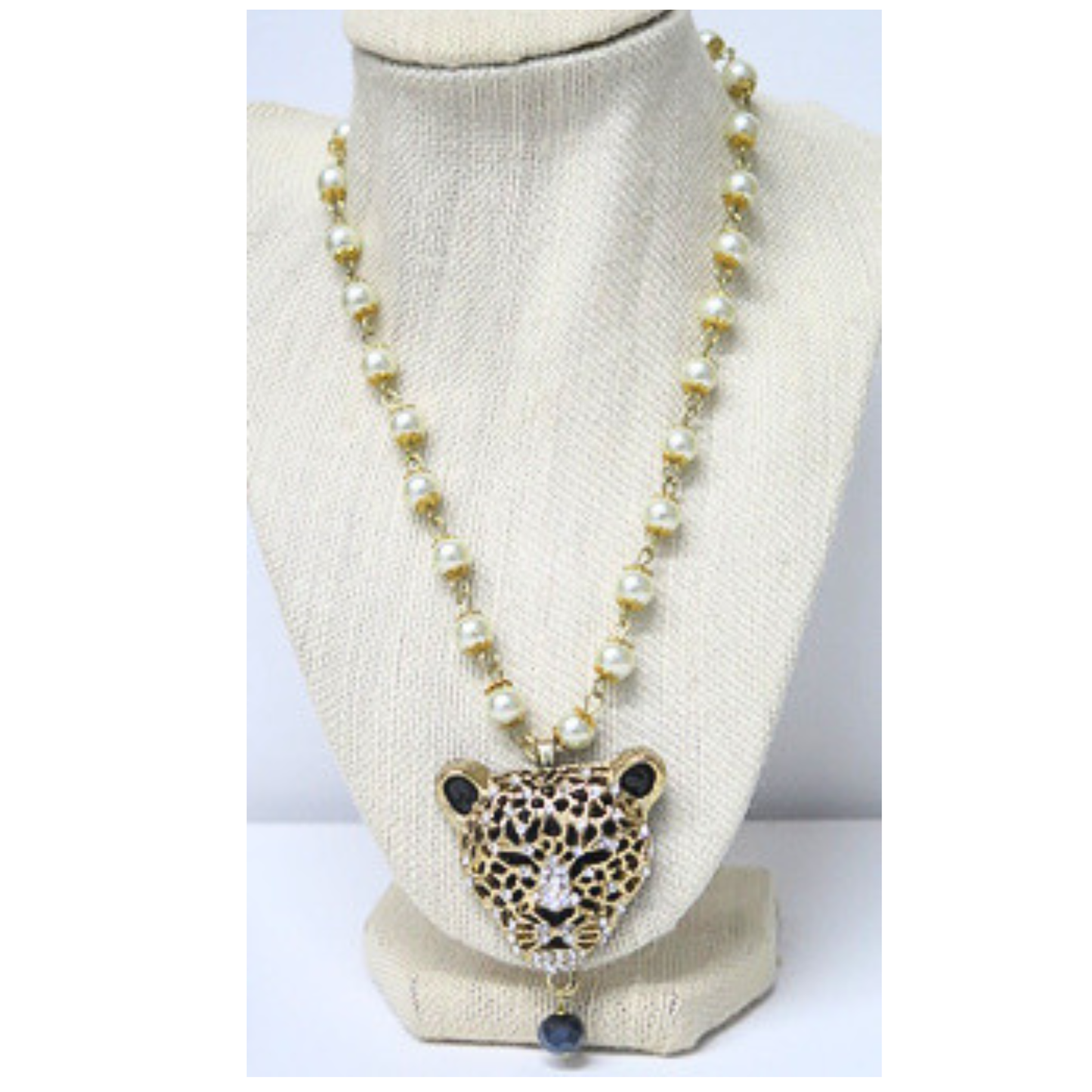 Bold Leopard Pendant Pearl Necklace | Gold-Tone Rhinestone Cheetah Head Statement Necklace with Navy Crystal Drop | 18 Inch Animal Print Jewelry for Women