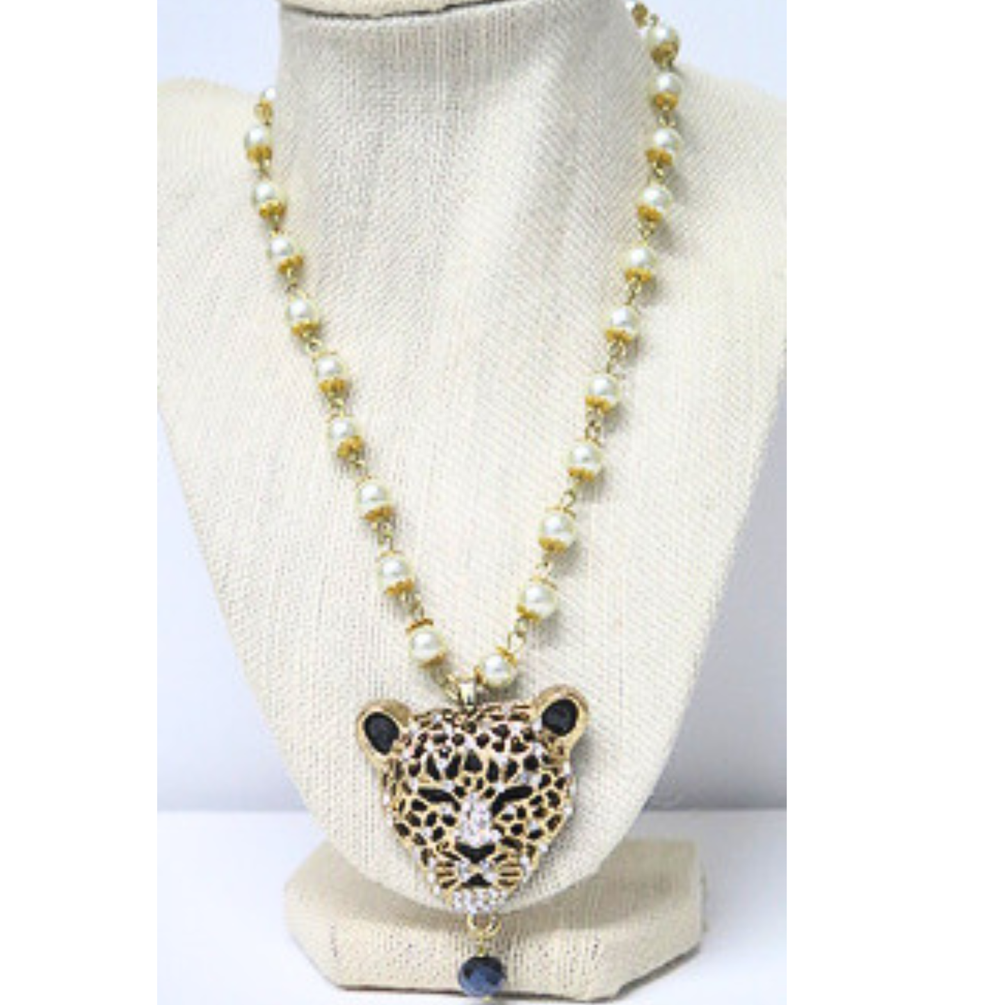 Bold Leopard Pendant Pearl Necklace | Gold-Tone Rhinestone Cheetah Head Statement Necklace with Navy Crystal Drop | 18 Inch Animal Print Jewelry for Women