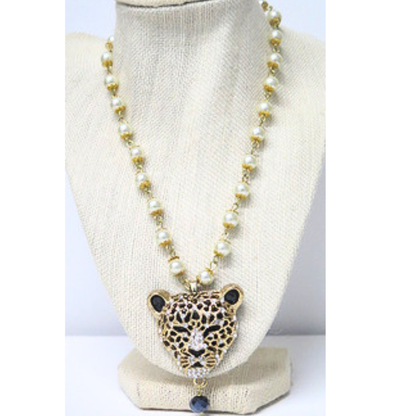 Bold Leopard Pendant Pearl Necklace | Gold-Tone Rhinestone Cheetah Head Statement Necklace with Navy Crystal Drop | 18 Inch Animal Print Jewelry for Women