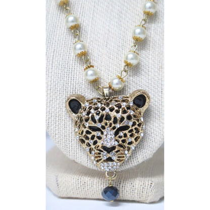 Bold Leopard Pendant Pearl Necklace | Gold-Tone Rhinestone Cheetah Head Statement Necklace with Navy Crystal Drop | 18 Inch Animal Print Jewelry for Women