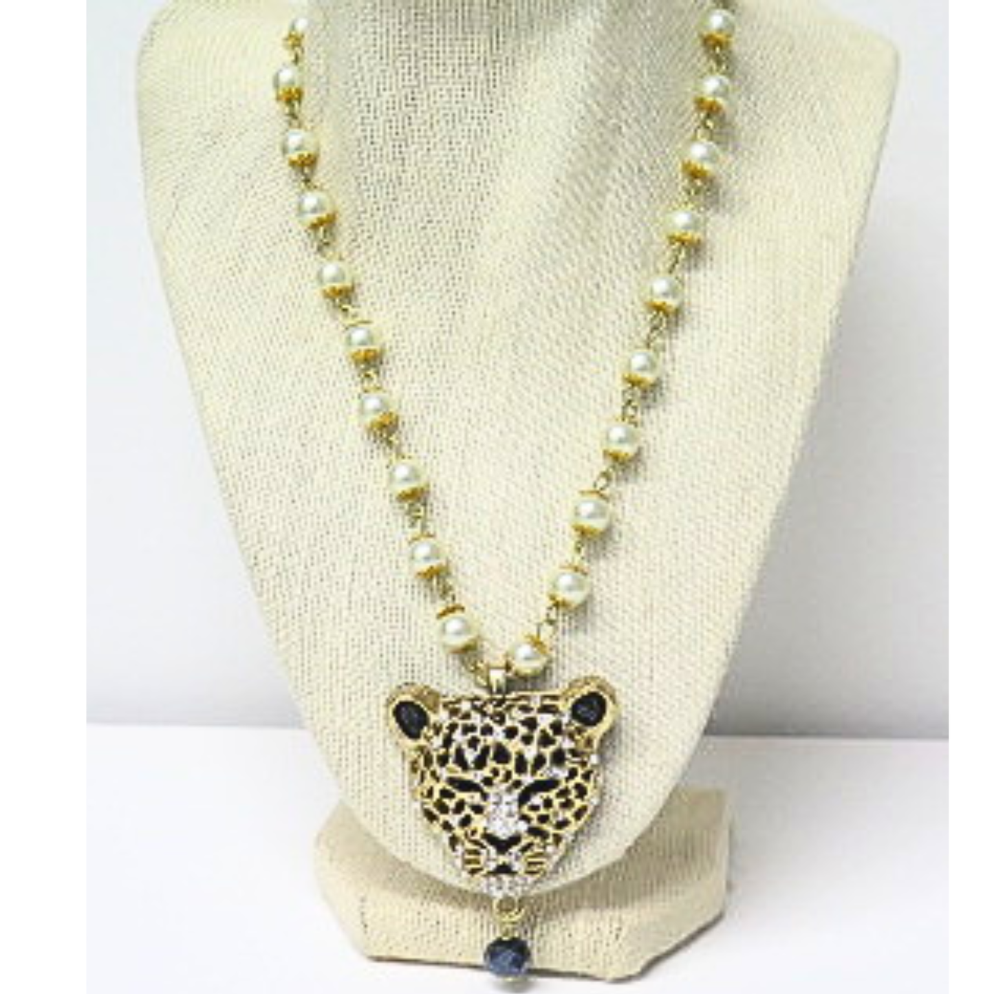 Bold Leopard Pendant Pearl Necklace | Gold-Tone Rhinestone Cheetah Head Statement Necklace with Navy Crystal Drop | 18 Inch Animal Print Jewelry for Women