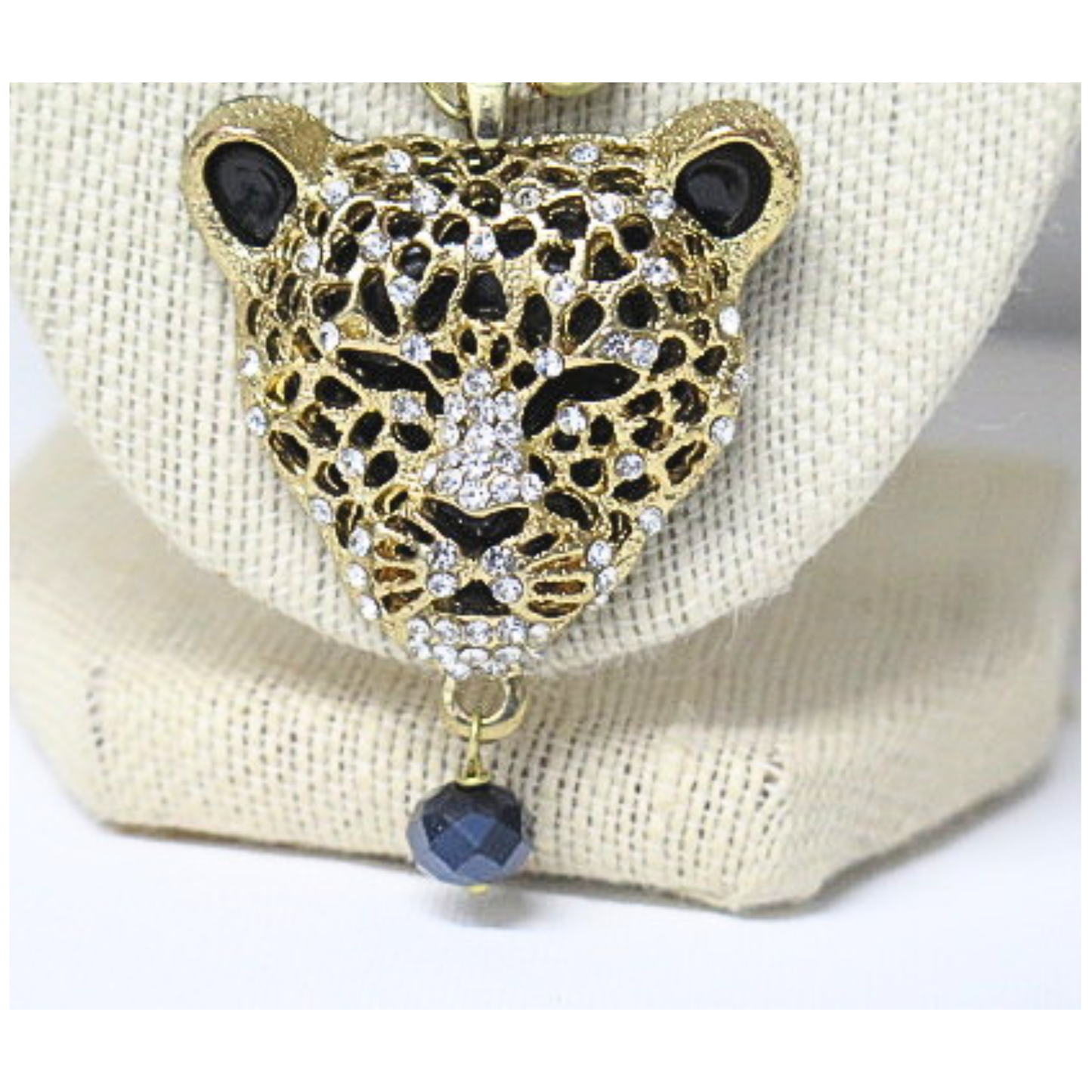 Bold Leopard Pendant Pearl Necklace | Gold-Tone Rhinestone Cheetah Head Statement Necklace with Navy Crystal Drop | 18 Inch Animal Print Jewelry for Women