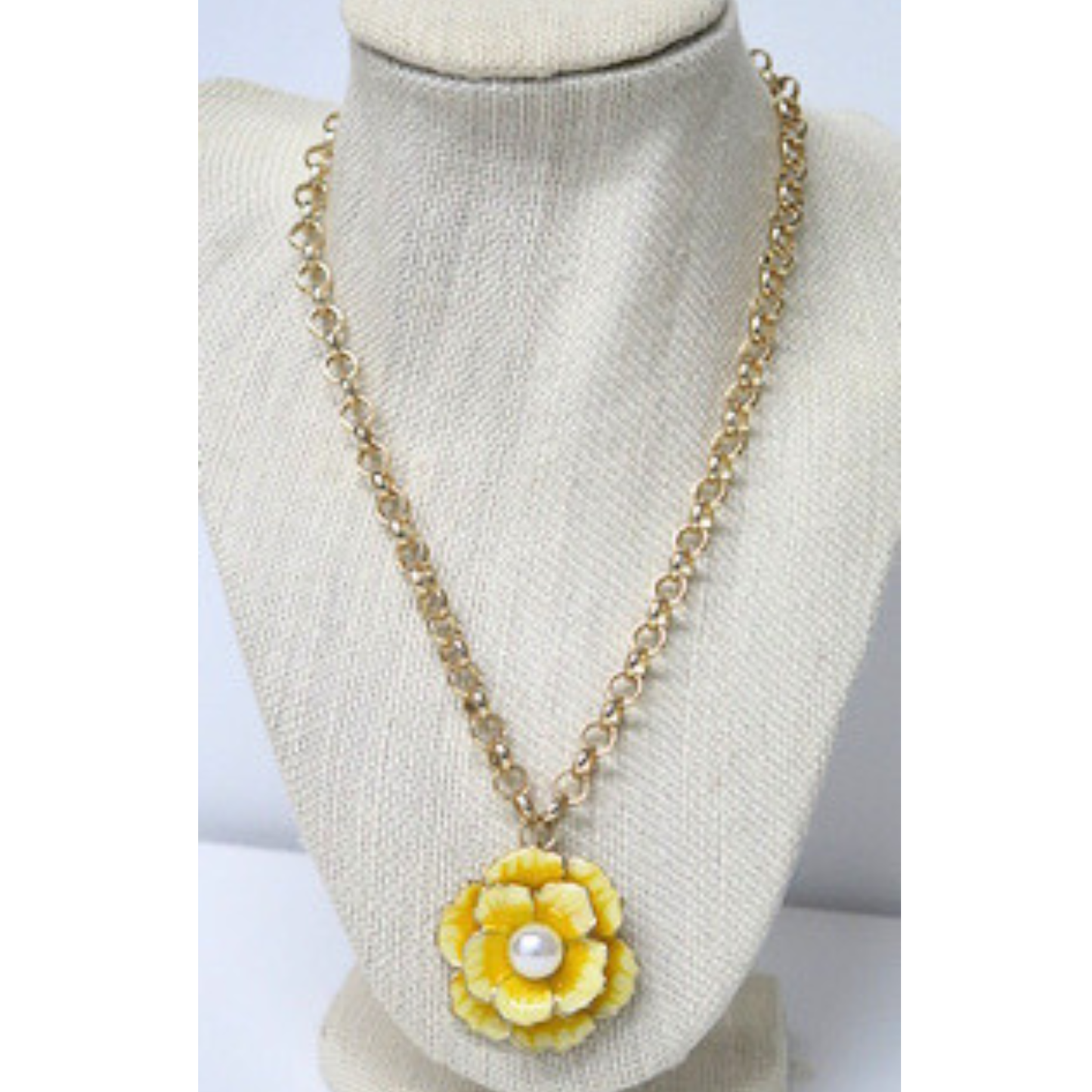 Yellow Flower Pendant Necklace | Gold-Tone Rolo Chain with Layered Rose and Pearl Center | 17.5 Inch Feminine Floral Statement Necklace for Women
