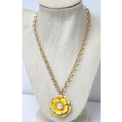 Yellow Flower Pendant Necklace | Gold-Tone Rolo Chain with Layered Rose and Pearl Center | 17.5 Inch Feminine Floral Statement Necklace for Women