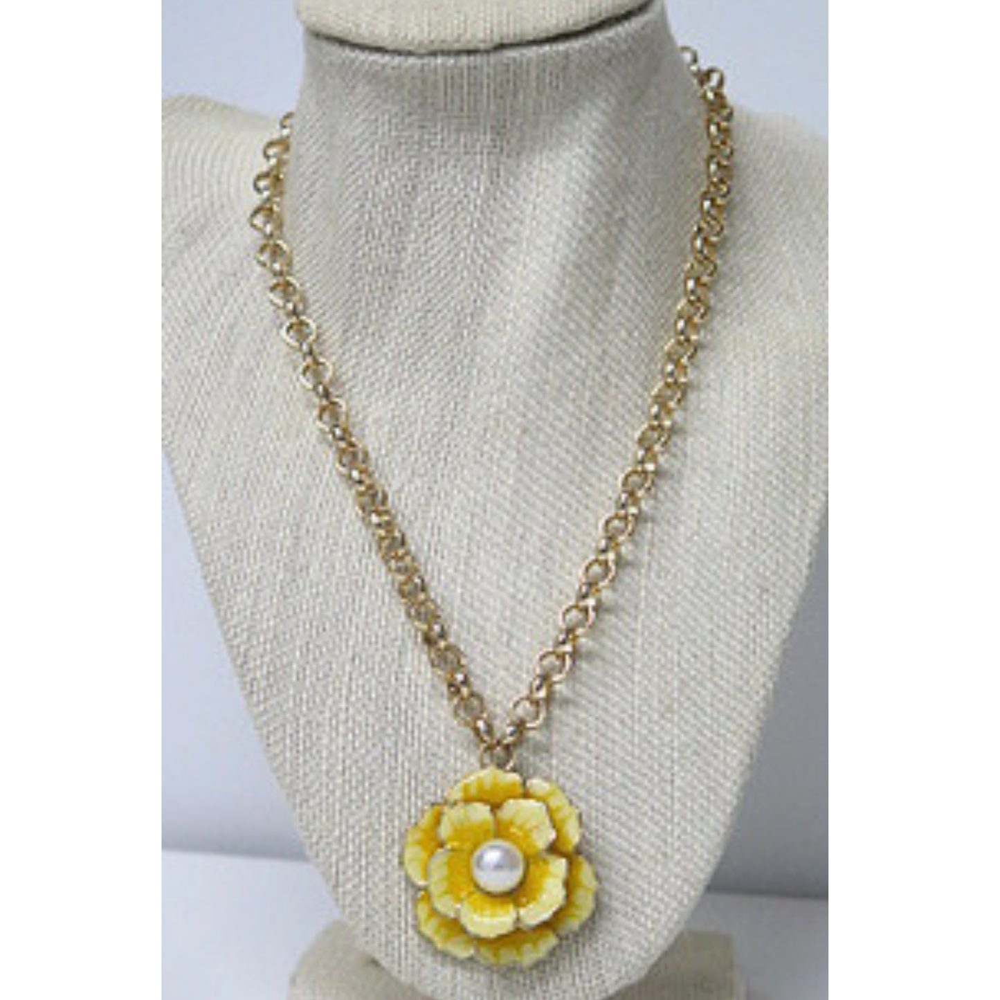 Yellow Flower Pendant Necklace | Gold-Tone Rolo Chain with Layered Rose and Pearl Center | 17.5 Inch Feminine Floral Statement Necklace for Women