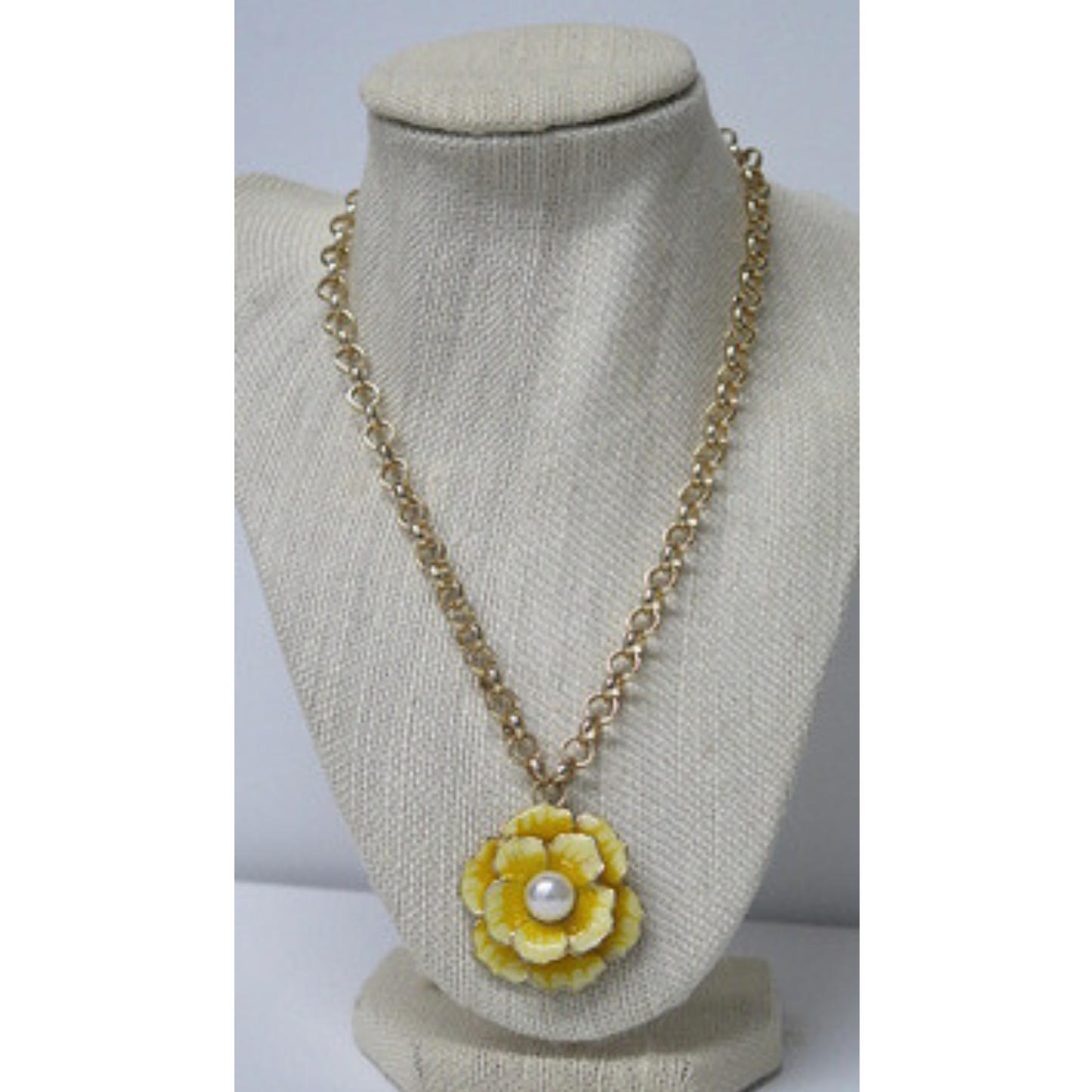 Yellow Flower Pendant Necklace | Gold-Tone Rolo Chain with Layered Rose and Pearl Center | 17.5 Inch Feminine Floral Statement Necklace for Women
