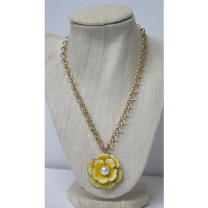 Yellow Flower Pendant Necklace | Gold-Tone Rolo Chain with Layered Rose and Pearl Center | 17.5 Inch Feminine Floral Statement Necklace for Women