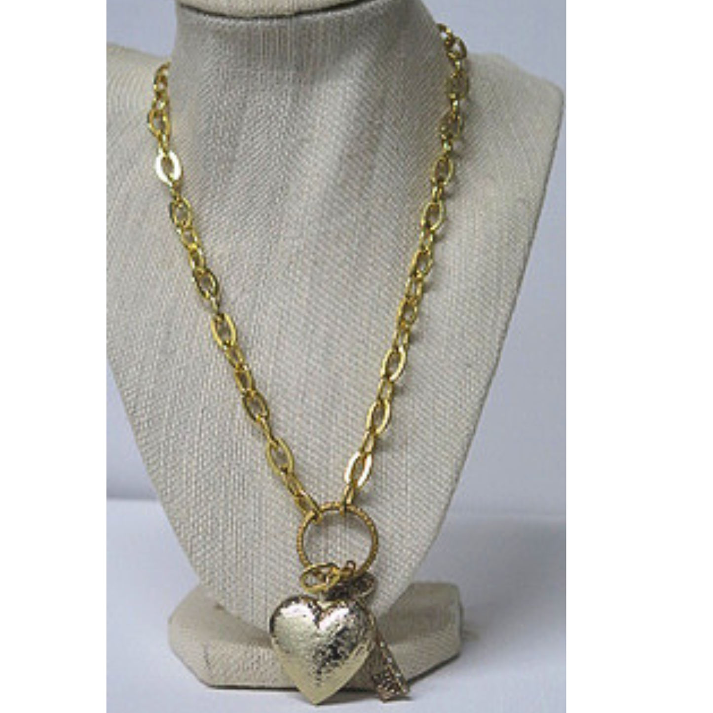 Gold Heart and Key Pendant Necklace | Vintage Style Engraved Heart Locket with Rhinestone Key Charm | 19.5 Inch Chunky Chain Romantic Statement Necklace for Women
