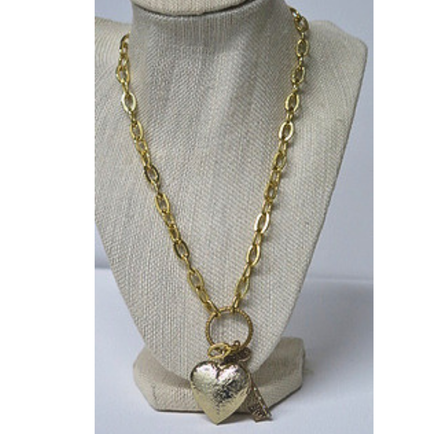 Gold Heart and Key Pendant Necklace | Vintage Style Engraved Heart Locket with Rhinestone Key Charm | 19.5 Inch Chunky Chain Romantic Statement Necklace for Women