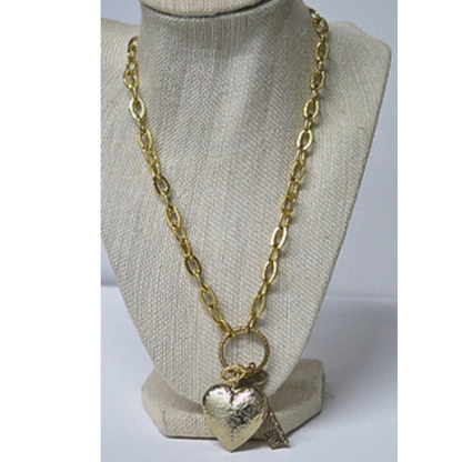 Gold Heart and Key Pendant Necklace | Vintage Style Engraved Heart Locket with Rhinestone Key Charm | 19.5 Inch Chunky Chain Romantic Statement Necklace for Women