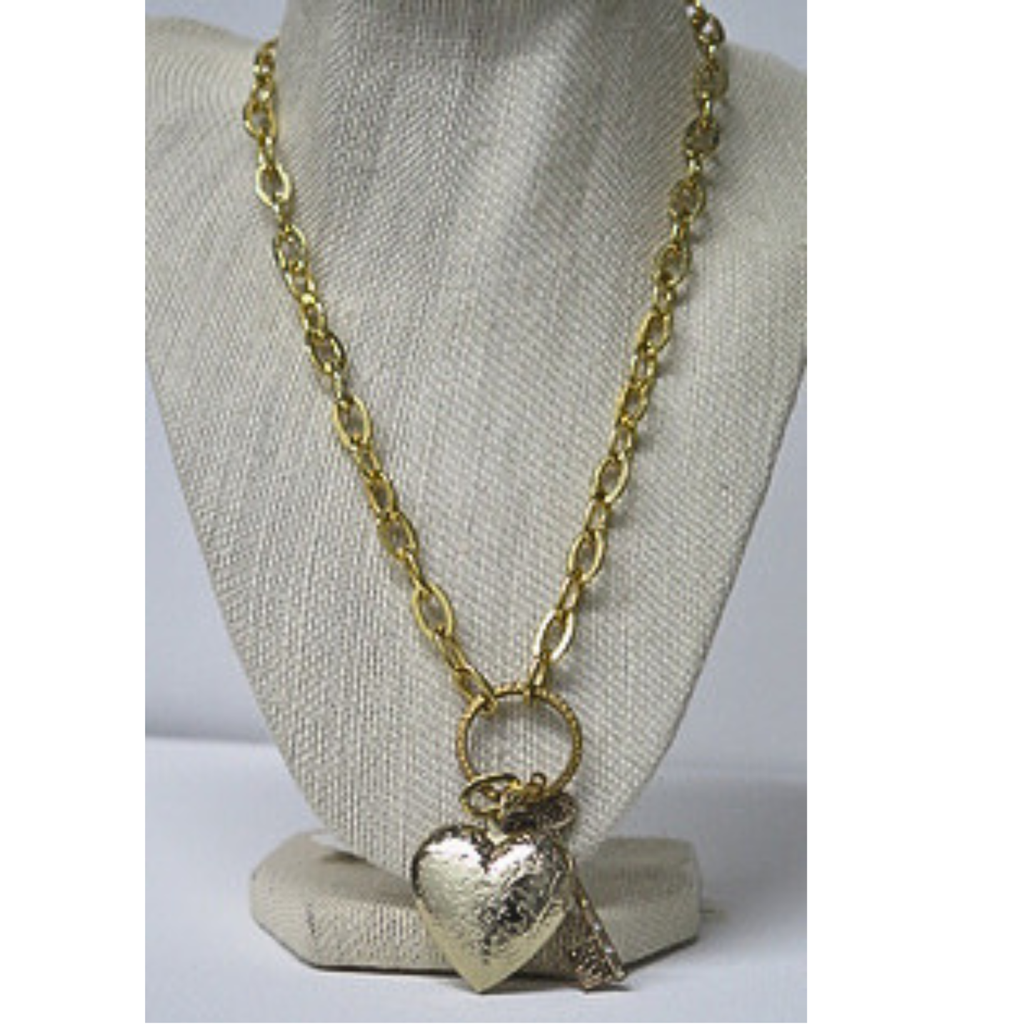 Gold Heart and Key Pendant Necklace | Vintage Style Engraved Heart Locket with Rhinestone Key Charm | 19.5 Inch Chunky Chain Romantic Statement Necklace for Women