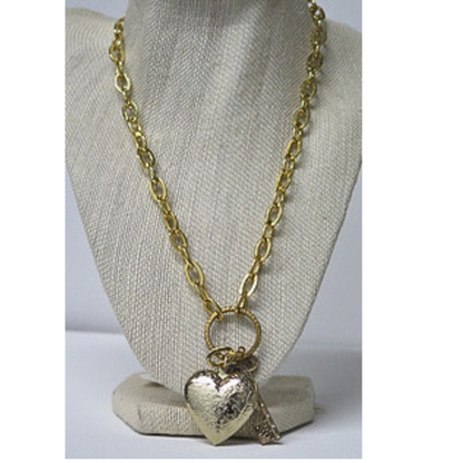 Gold Heart and Key Pendant Necklace | Vintage Style Engraved Heart Locket with Rhinestone Key Charm | 19.5 Inch Chunky Chain Romantic Statement Necklace for Women