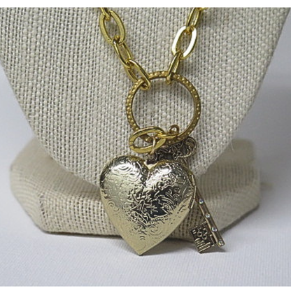 Gold Heart and Key Pendant Necklace | Vintage Style Engraved Heart Locket with Rhinestone Key Charm | 19.5 Inch Chunky Chain Romantic Statement Necklace for Women