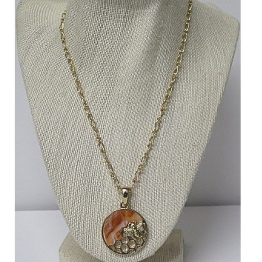 Gold Bee and Honeycomb Pendant Necklace | Amber Resin Round Pendant with Honey Bee Charm | 26 Inch Long Chain Nature-Inspired Necklace for Women