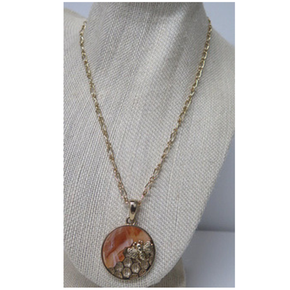 Gold Bee and Honeycomb Pendant Necklace | Amber Resin Round Pendant with Honey Bee Charm | 26 Inch Long Chain Nature-Inspired Necklace for Women