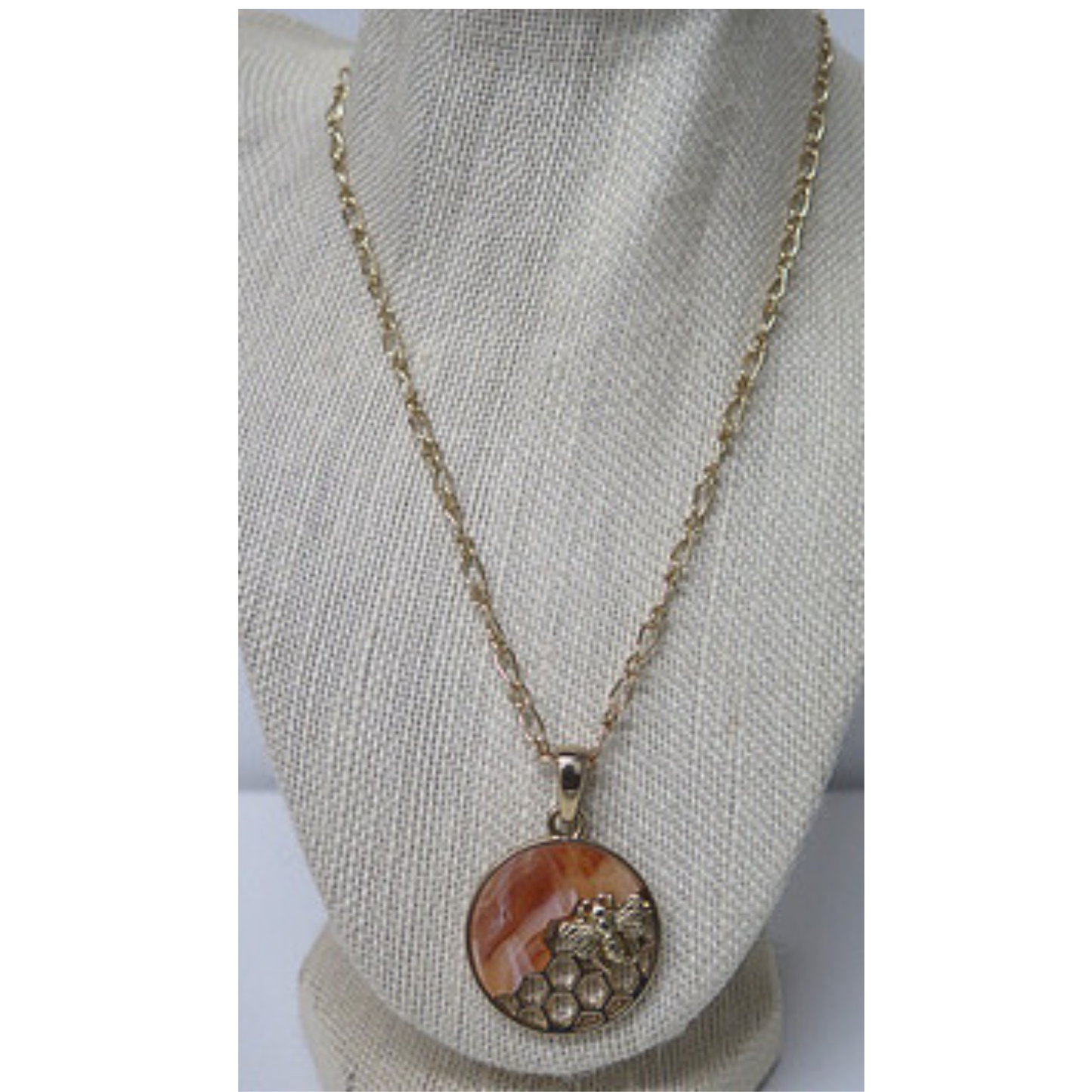 Gold Bee and Honeycomb Pendant Necklace | Amber Resin Round Pendant with Honey Bee Charm | 26 Inch Long Chain Nature-Inspired Necklace for Women
