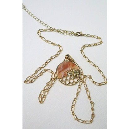 Gold Bee and Honeycomb Pendant Necklace | Amber Resin Round Pendant with Honey Bee Charm | 26 Inch Long Chain Nature-Inspired Necklace for Women