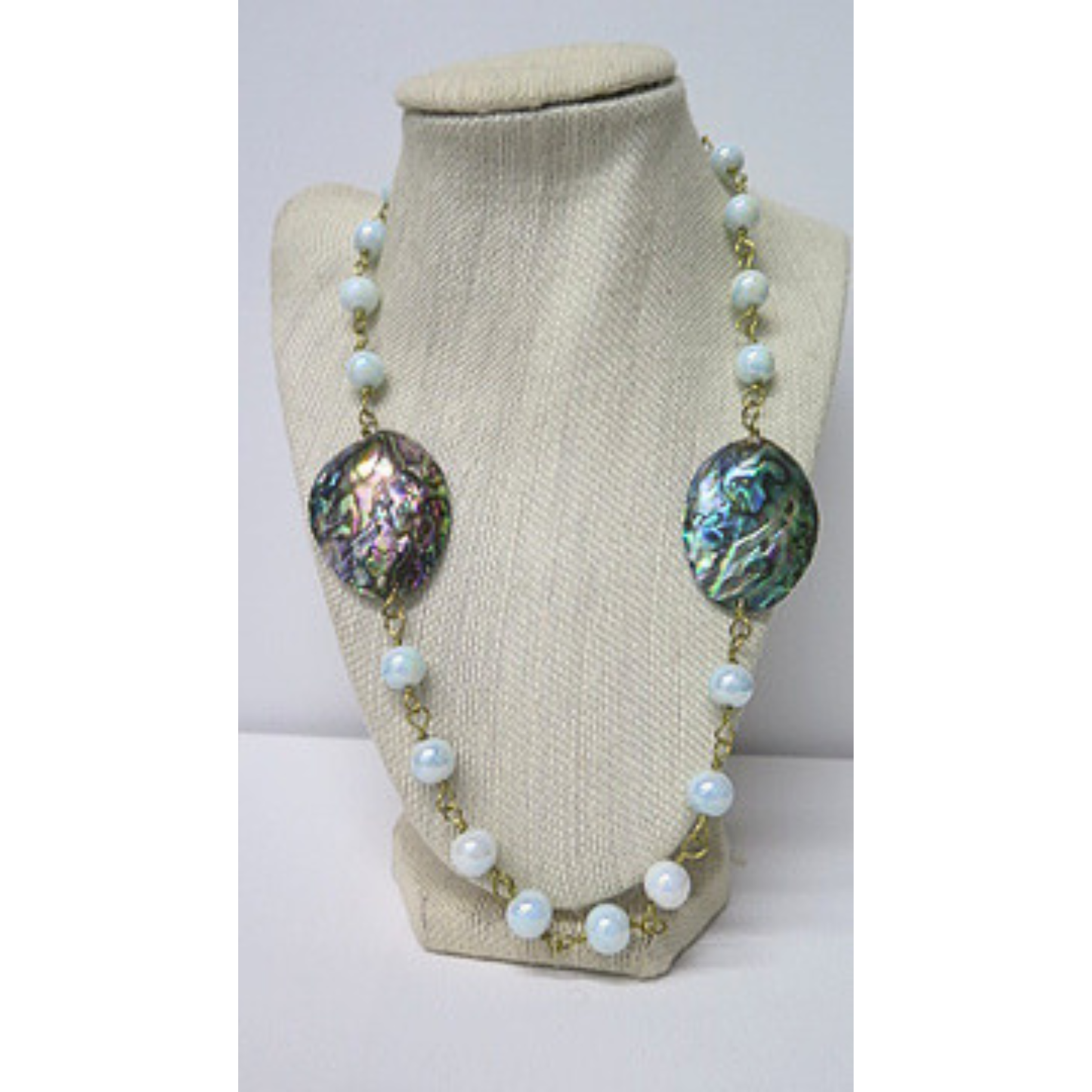 Abalone Shell and Opalite Long Necklace | Iridescent Paua Shell Statement Necklace with Moonstone Glow Beads | 32 Inch Boho Wellness Jewelry for Women