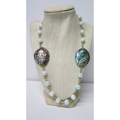 Abalone Shell and Opalite Long Necklace | Iridescent Paua Shell Statement Necklace with Moonstone Glow Beads | 32 Inch Boho Wellness Jewelry for Women