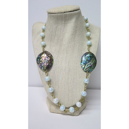 Abalone Shell and Opalite Long Necklace | Iridescent Paua Shell Statement Necklace with Moonstone Glow Beads | 32 Inch Boho Wellness Jewelry for Women