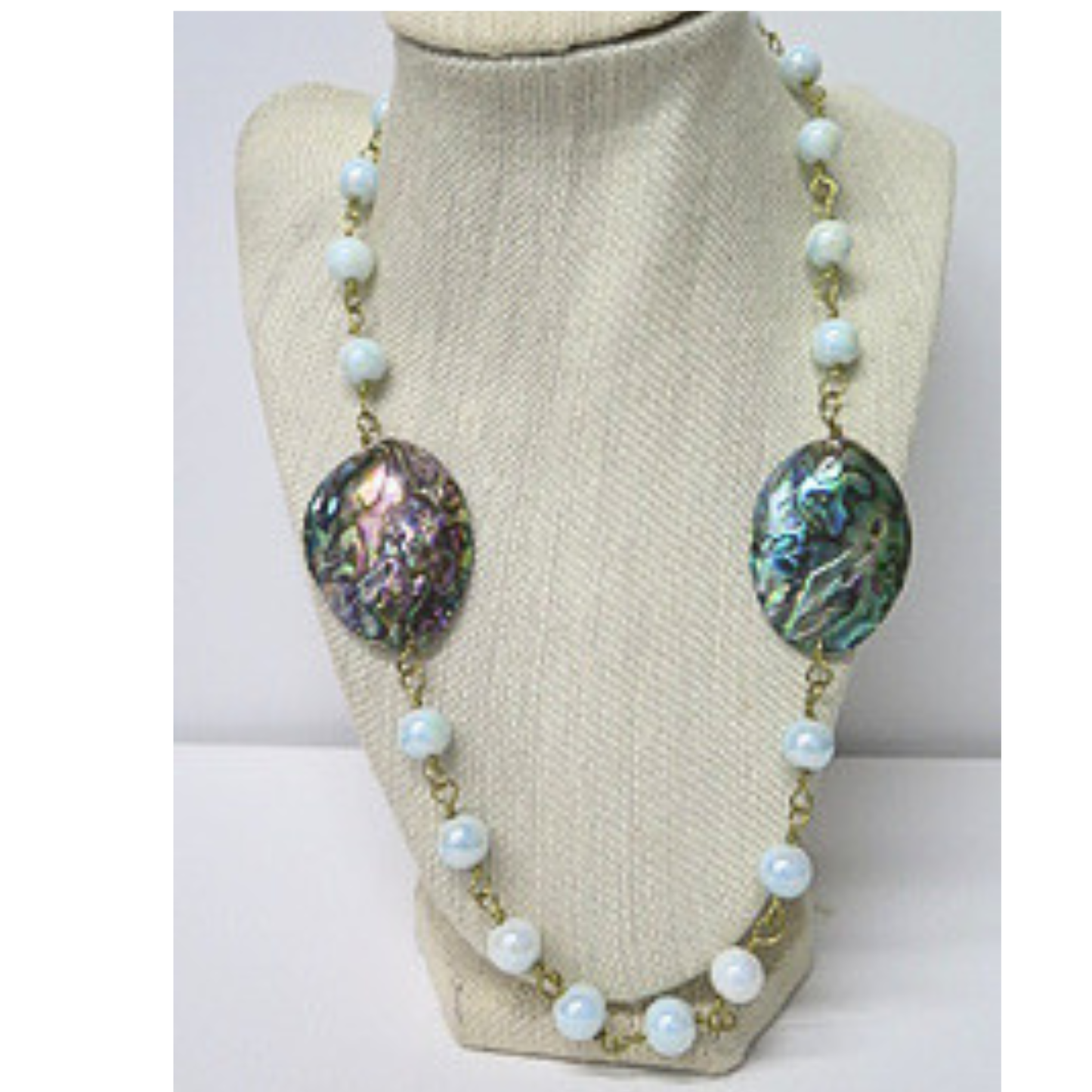 Abalone Shell and Opalite Long Necklace | Iridescent Paua Shell Statement Necklace with Moonstone Glow Beads | 32 Inch Boho Wellness Jewelry for Women