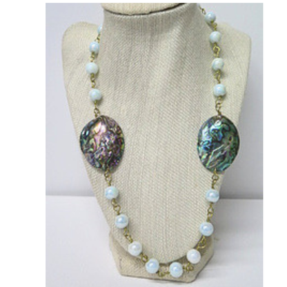 Abalone Shell and Opalite Long Necklace | Iridescent Paua Shell Statement Necklace with Moonstone Glow Beads | 32 Inch Boho Wellness Jewelry for Women