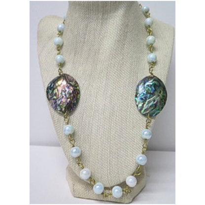 Abalone Shell and Opalite Long Necklace | Iridescent Paua Shell Statement Necklace with Moonstone Glow Beads | 32 Inch Boho Wellness Jewelry for Women