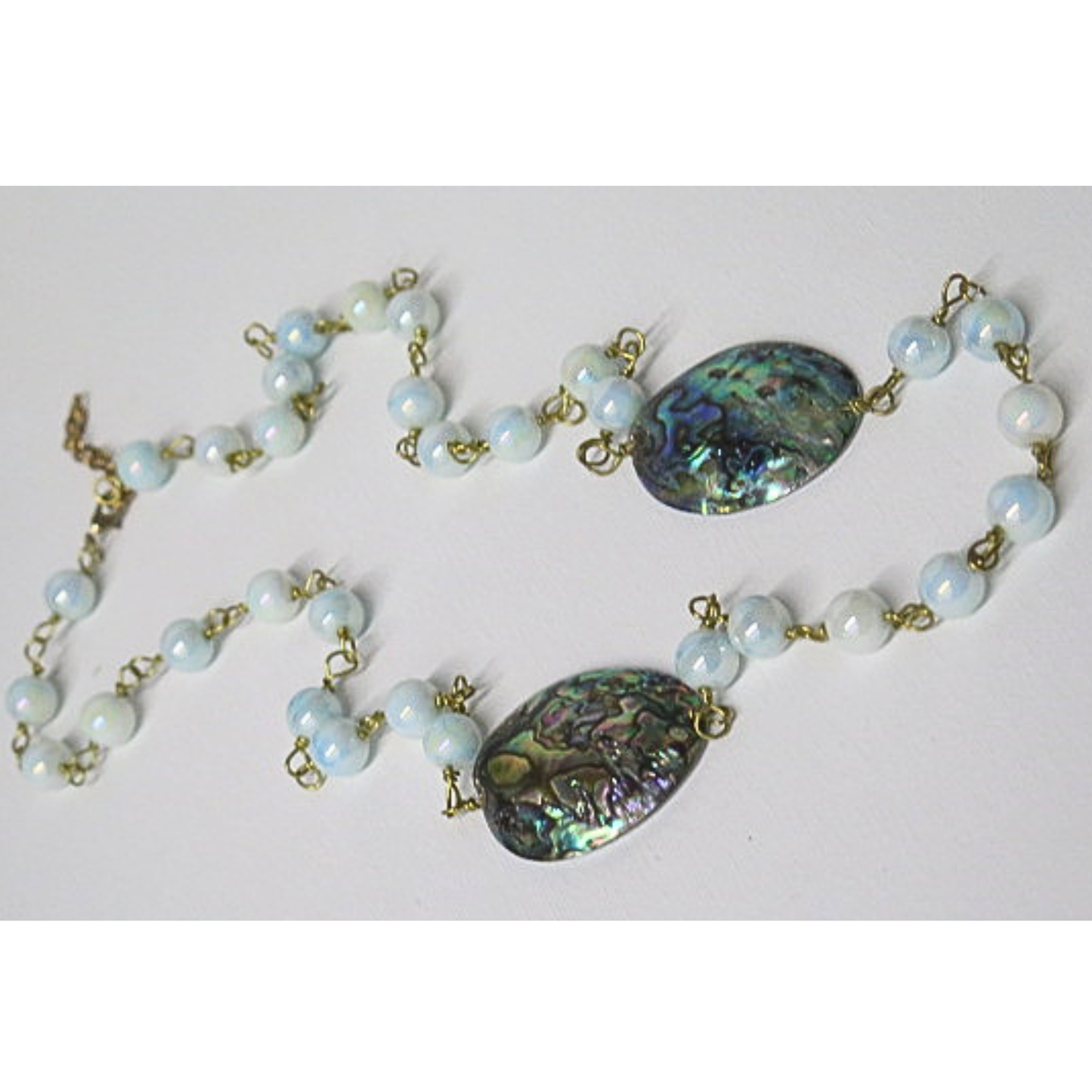 Abalone Shell and Opalite Long Necklace | Iridescent Paua Shell Statement Necklace with Moonstone Glow Beads | 32 Inch Boho Wellness Jewelry for Women