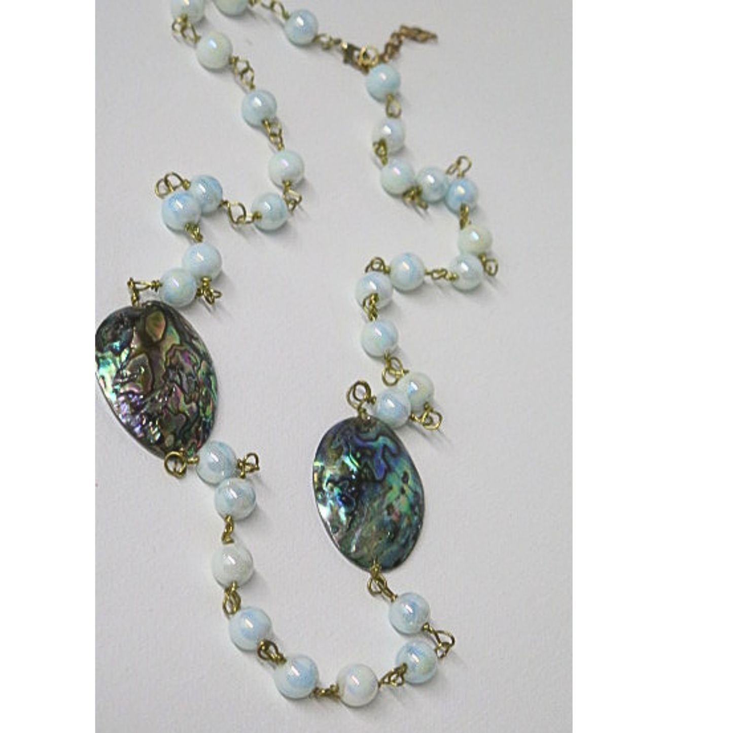 Abalone Shell and Opalite Long Necklace | Iridescent Paua Shell Statement Necklace with Moonstone Glow Beads | 32 Inch Boho Wellness Jewelry for Women