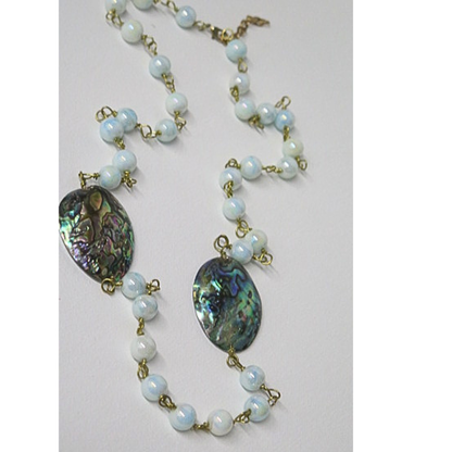 Abalone Shell and Opalite Long Necklace | Iridescent Paua Shell Statement Necklace with Moonstone Glow Beads | 32 Inch Boho Wellness Jewelry for Women