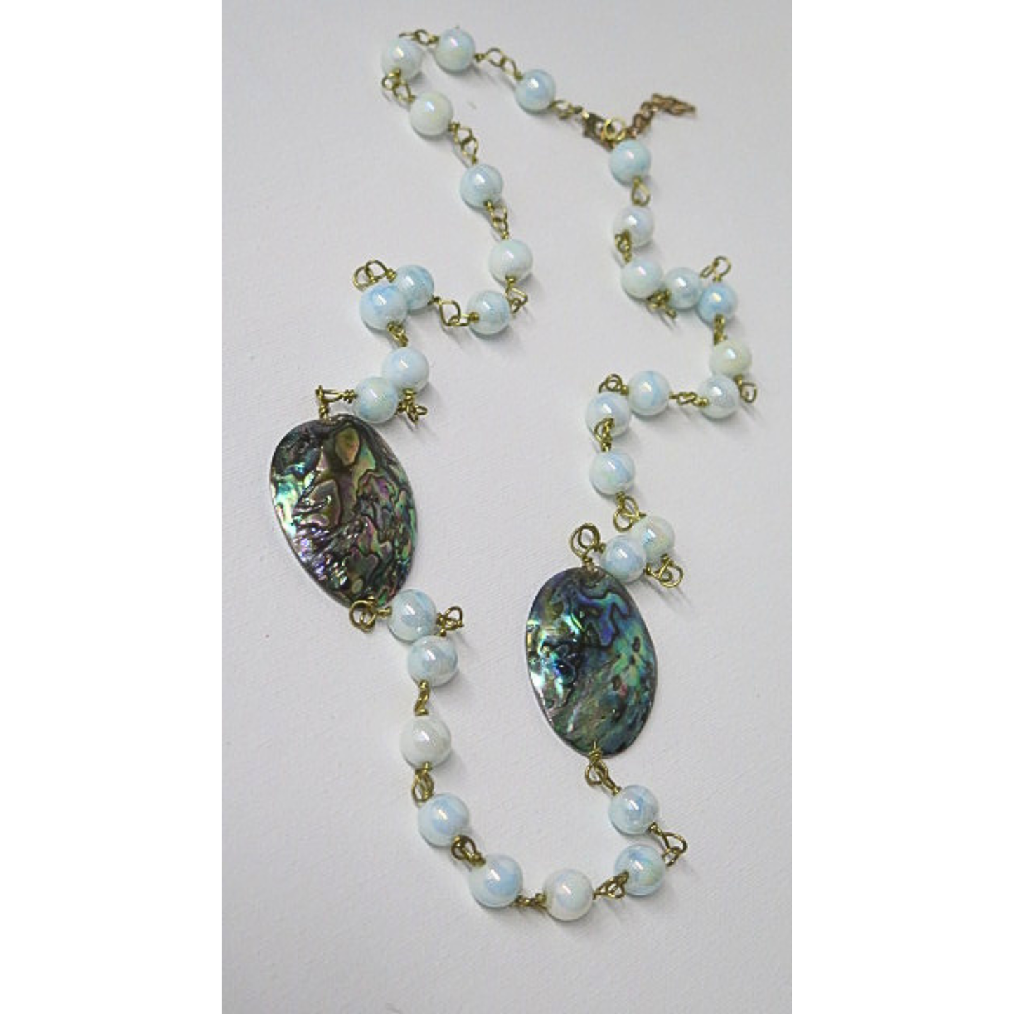 Abalone Shell and Opalite Long Necklace | Iridescent Paua Shell Statement Necklace with Moonstone Glow Beads | 32 Inch Boho Wellness Jewelry for Women