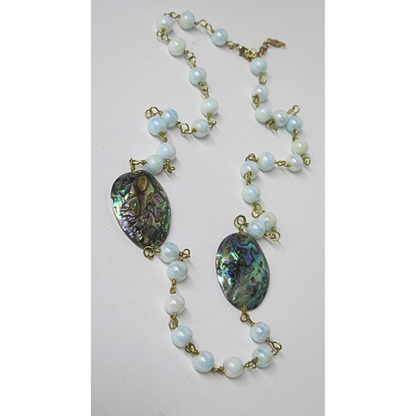 Abalone Shell and Opalite Long Necklace | Iridescent Paua Shell Statement Necklace with Moonstone Glow Beads | 32 Inch Boho Wellness Jewelry for Women