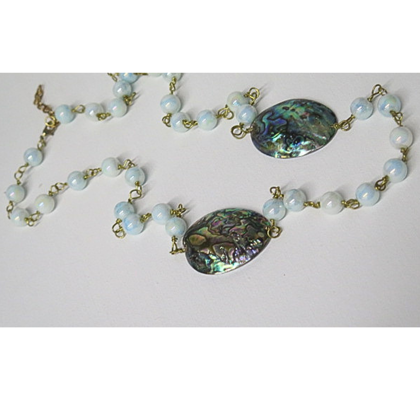 Abalone Shell and Opalite Long Necklace | Iridescent Paua Shell Statement Necklace with Moonstone Glow Beads | 32 Inch Boho Wellness Jewelry for Women