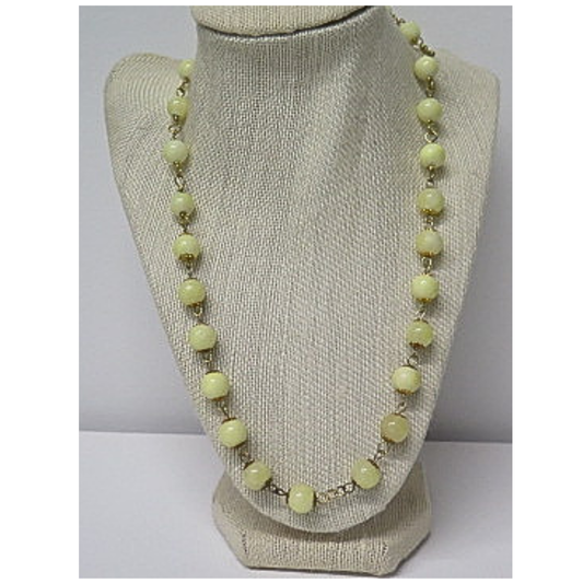 Pale Yellow Beaded Long Necklace | Hand-Linked Lemon Glass Bead Rosary Chain | 29.5 Inch Minimalist Layering Necklace for Women