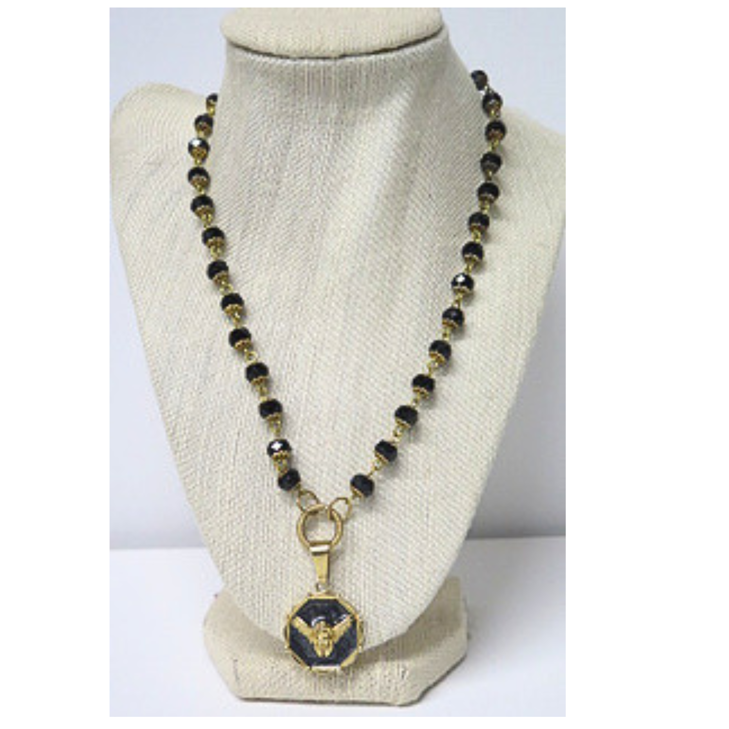 Black Beaded Angel Pendant Necklace | Vintage Style Gold Filigree Rosary Chain with Guardian Angel Medallion | 19 Inch Spiritual Statement Necklace for Women