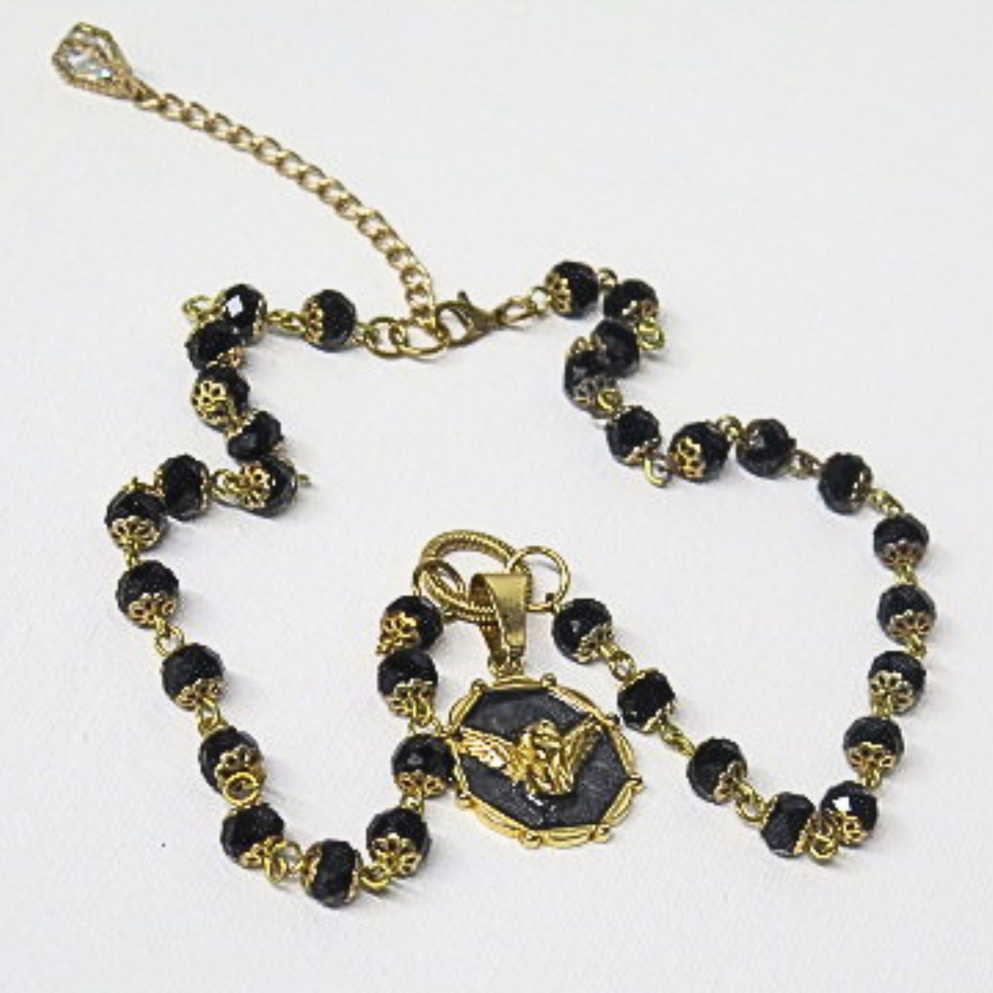 Black Beaded Angel Pendant Necklace | Vintage Style Gold Filigree Rosary Chain with Guardian Angel Medallion | 19 Inch Spiritual Statement Necklace for Women